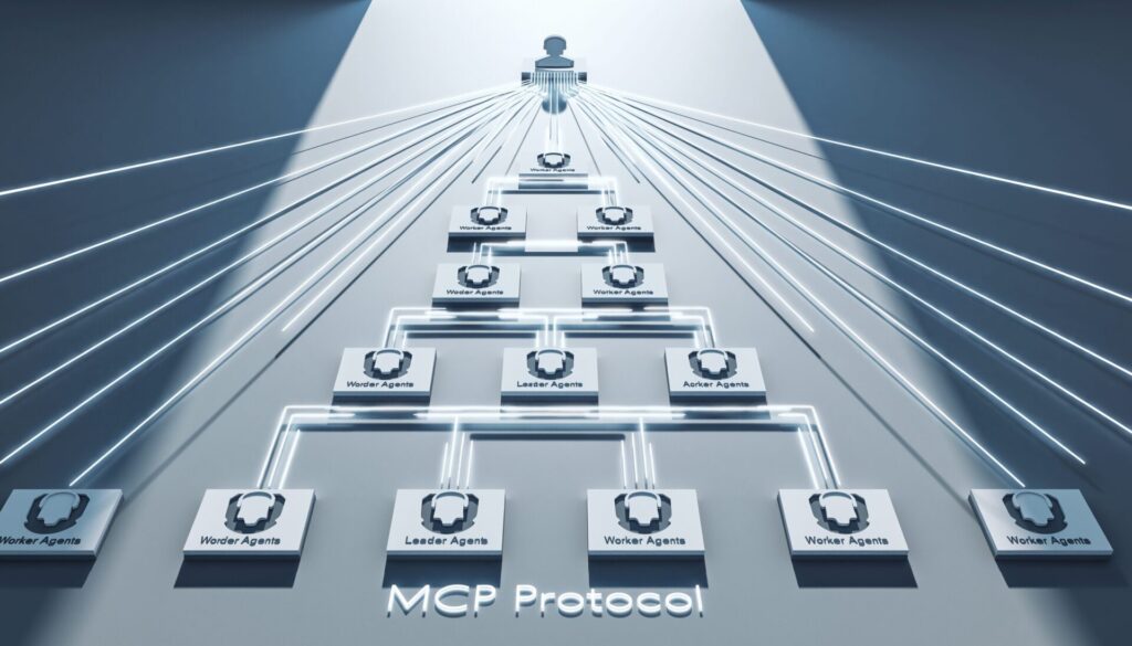 AIエージェントの階層型アーキテクチャ図解 - リーダーエージェントがチームを指揮する構造