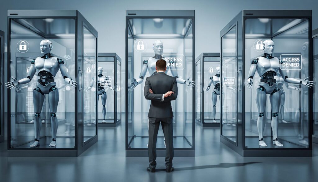 単体AIの限界を示すイラスト - 複数のAIエージェントが分離して動作している様子