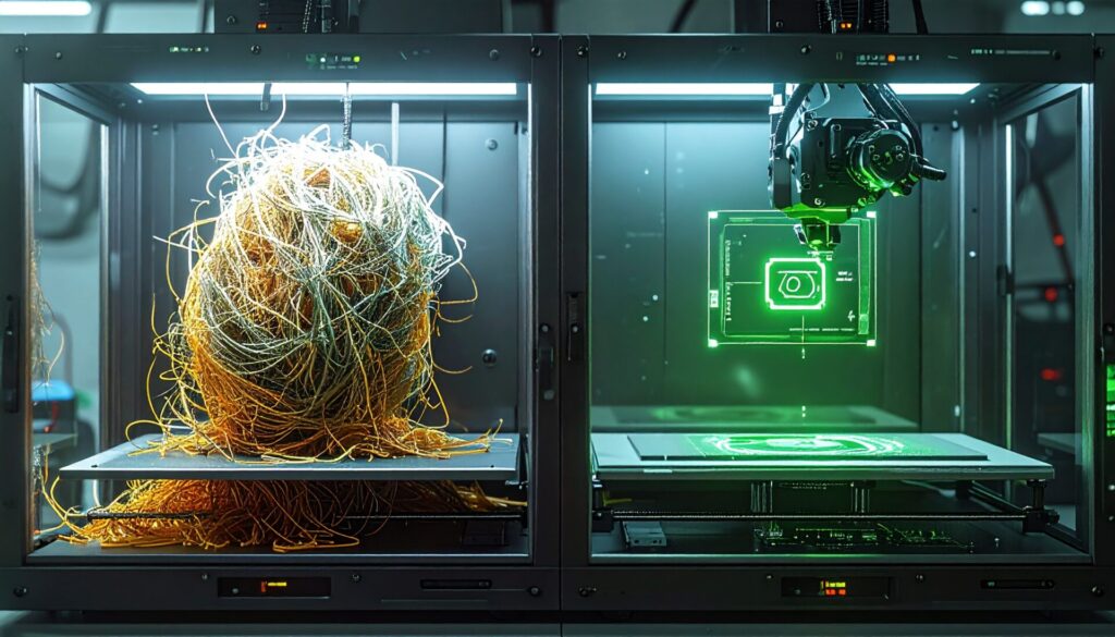 ダークファクトリーのビフォーアフター：スパゲッティ化した3Dプリントと自動化された正常プリントの比較