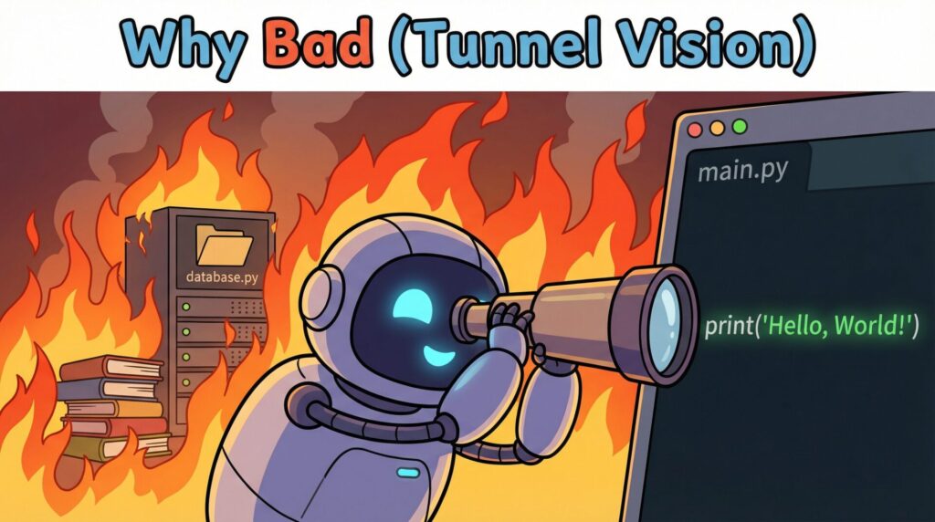 ファイル単位の限界を示すAIロボットのイラスト - Repository全体を見る必要性