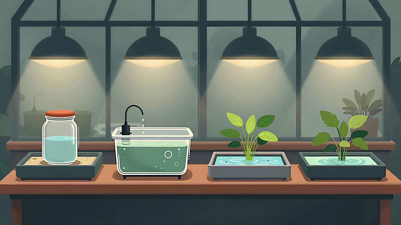 水耕栽培の四つの方式 — Kratky・湛液式・NFT・エブ＆フロー